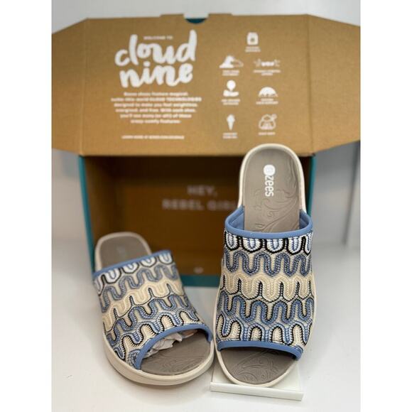 Bzees Smile II Slip-On Sandals Women’s 7.5M Wavy Blue/Beige Knit Comfort Shoes - Picture 3 of 10